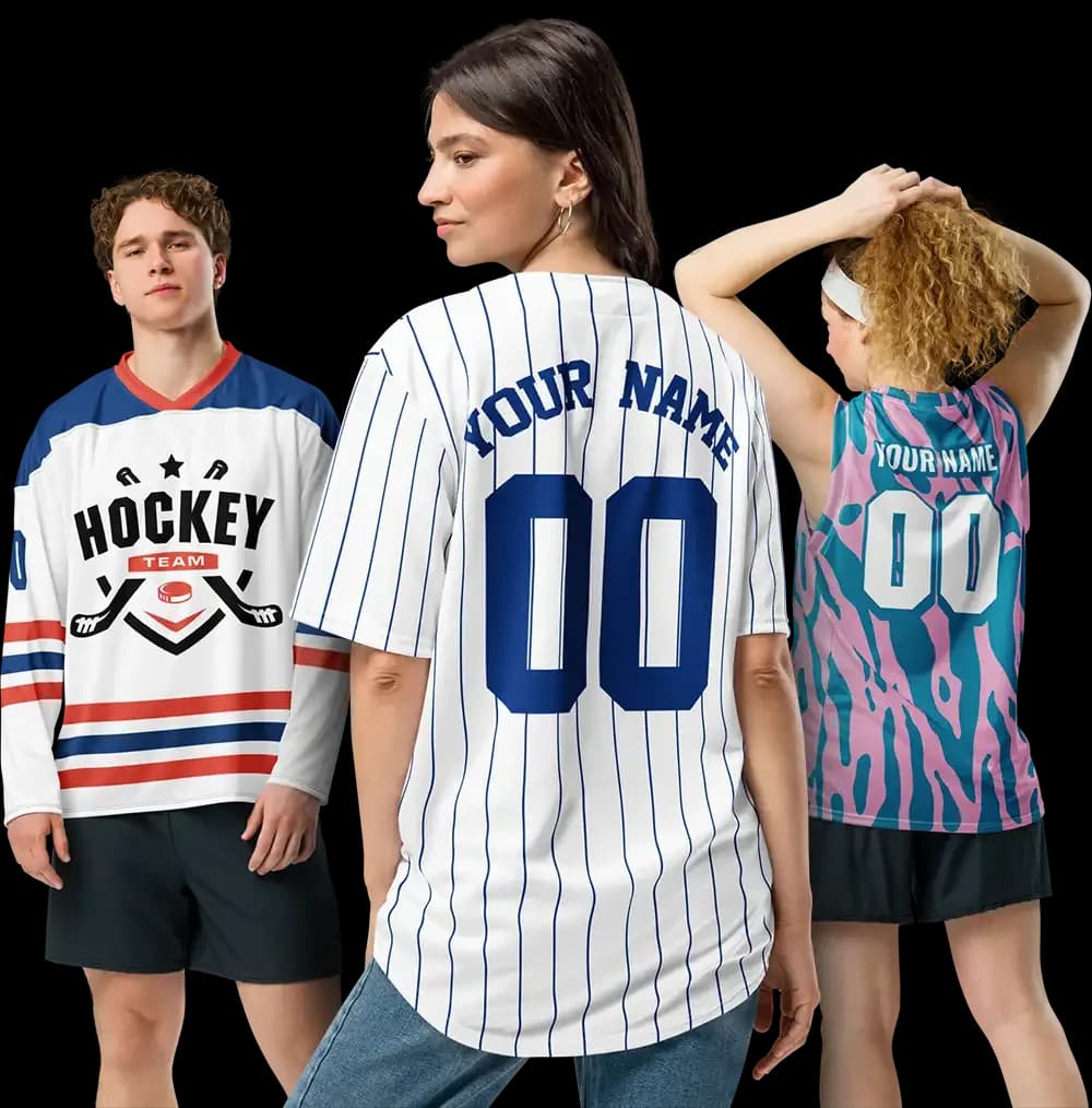 Three people in custom jerseys: a white hockey jersey with red and blue stripes, a white pinstripe baseball jersey with YOUR NAME and 00 on the back, and a pink and teal basketball jersey with YOUR NAME and 00